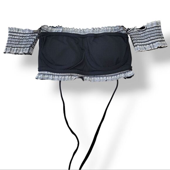 Xhilaration Shirred Stripe Smocked Off-The-Shoulder Lace Up Corset Back Swim Top - Picture 5 of 10